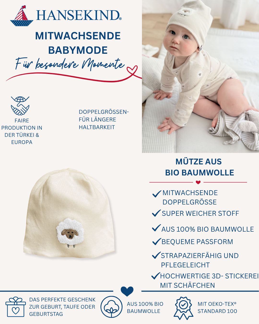 Beanie Schafe mit Stickerei, sandfarben, Größe 62/ 68