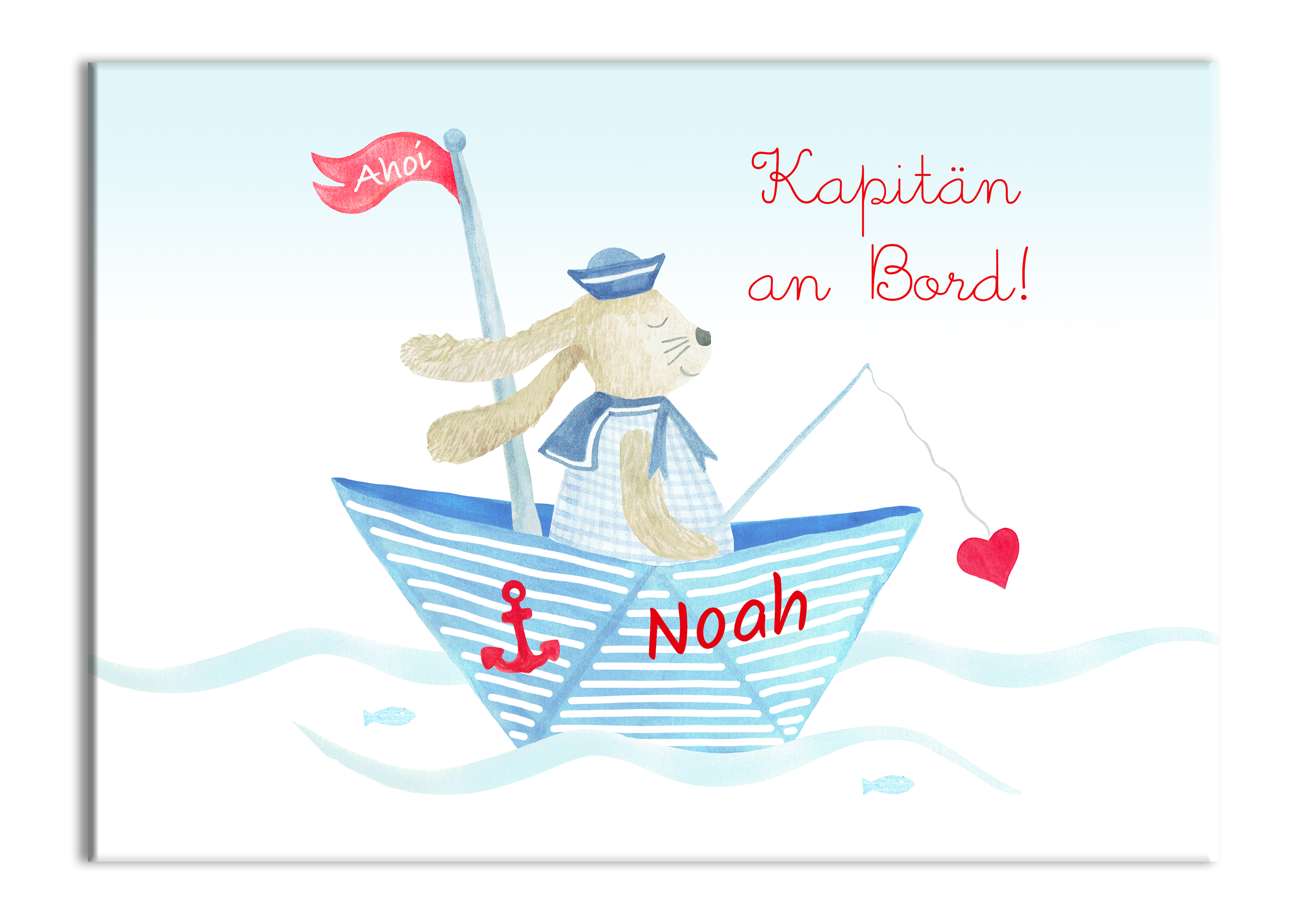 Kinderbild, Hase im Boot, blau, 30 x 40 cm, personalisiert