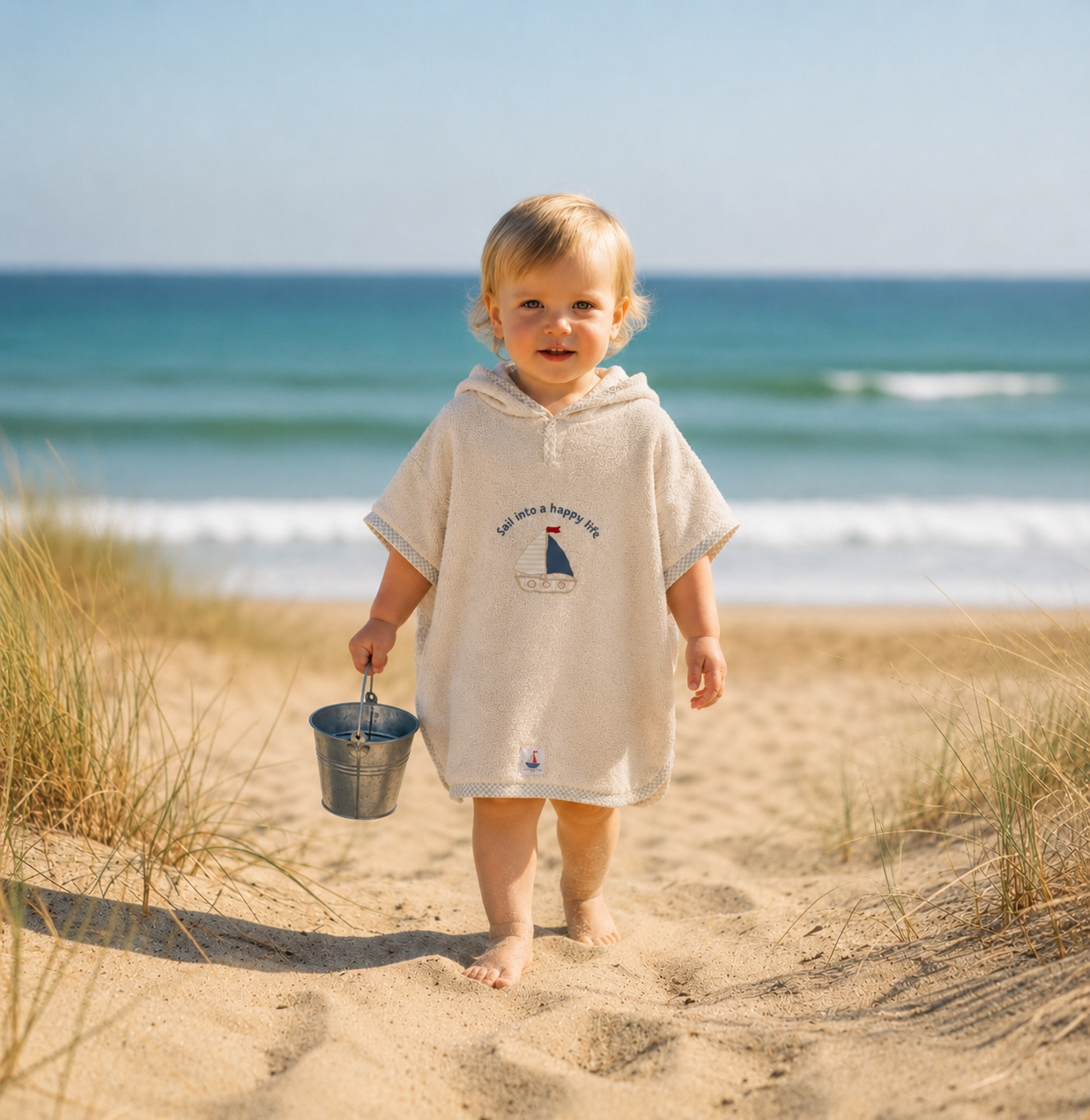 Kinderponcho Schiff Sand aus Baumwolle | Hansekind