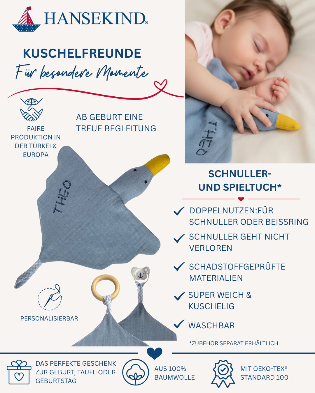 Schnuller- und Schnuffeltuch Gans blau