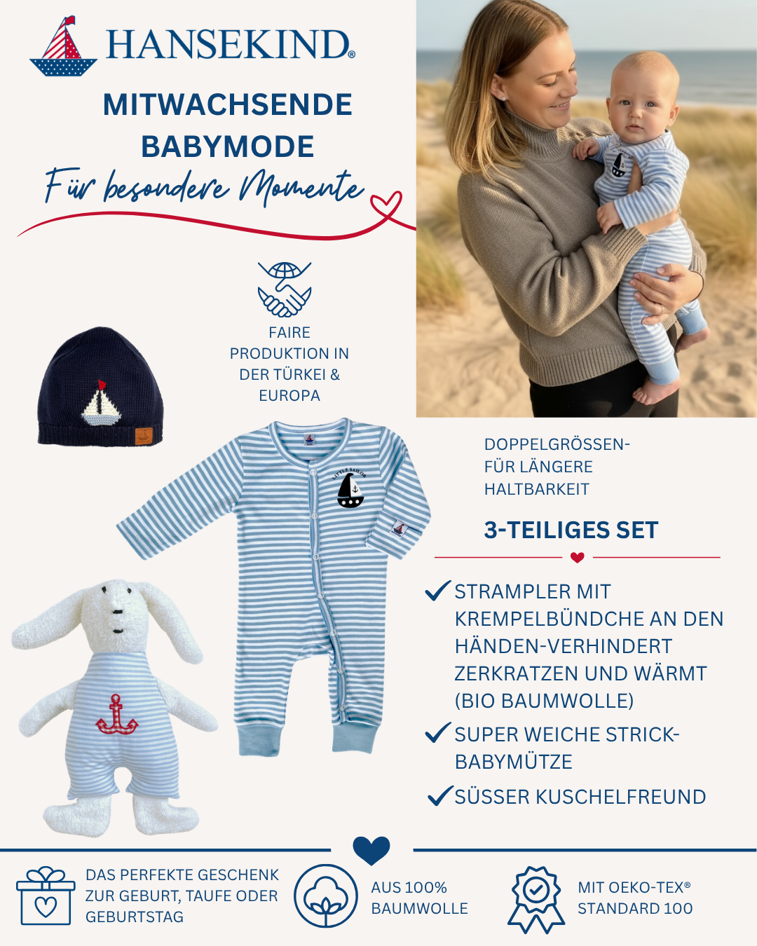 3-teiliges Nestbau Set aus Bio-Baumwolle | Geschenk zur Geburt & Baby Erstausstattung | Hansekind