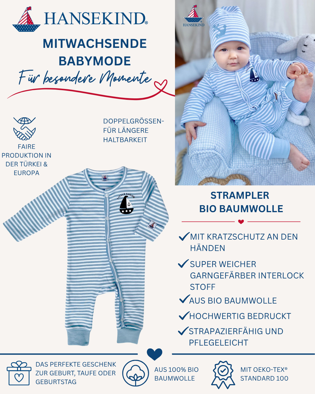 Babystrampler Ship little sailor, blau 50/56