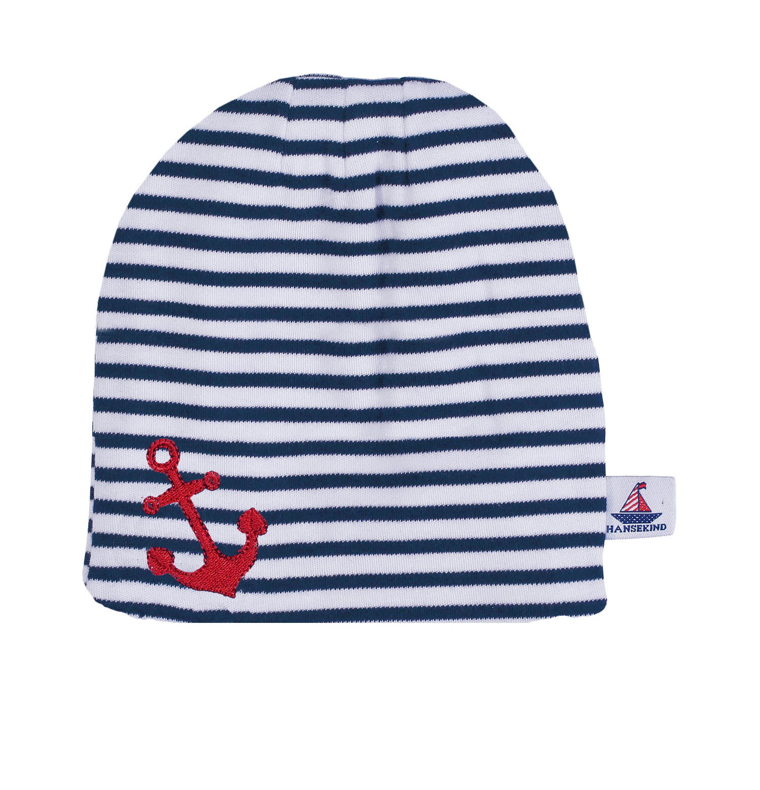 Beanie navy gestreift mit roter Anker Stickerei