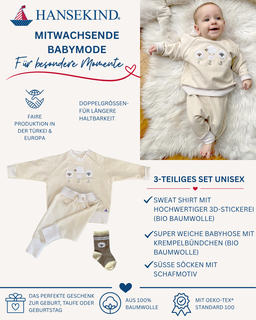 3-teiliges Baby Set Unisex aus Bio-Baumwolle | Geschenk zur Geburt & Baby Erstausstattung