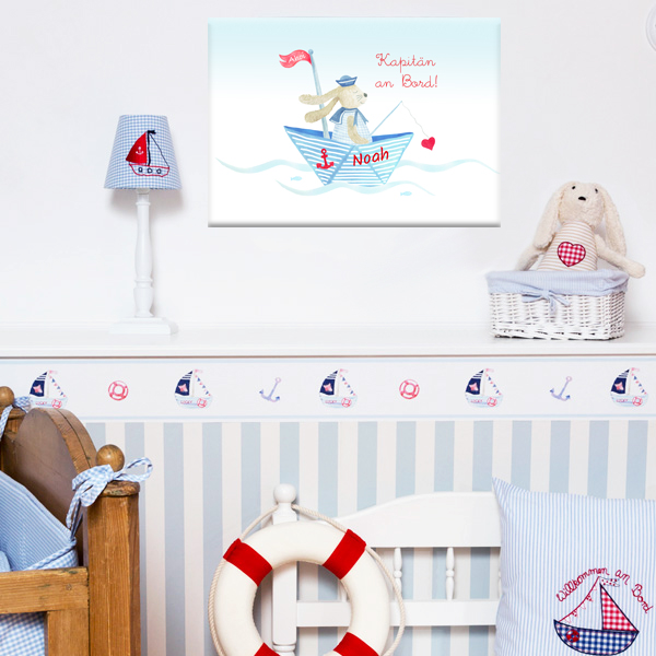 Kinderbild, Hase im Boot, blau, 30 x 40 cm, personalisiert