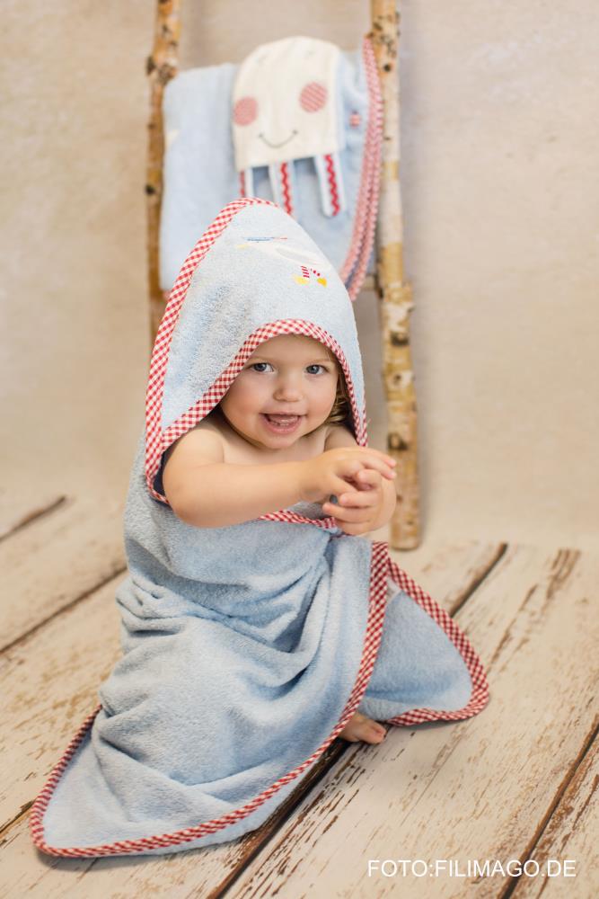 Set Kapuzenhandtuch mit Waschhandschuh Möwe, blau
