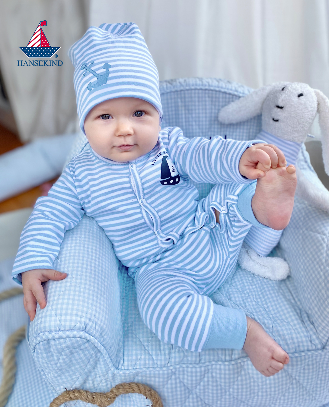 Beanie mit Anker-Applikation, hellblau-gestreift, 2 - 6 Monate