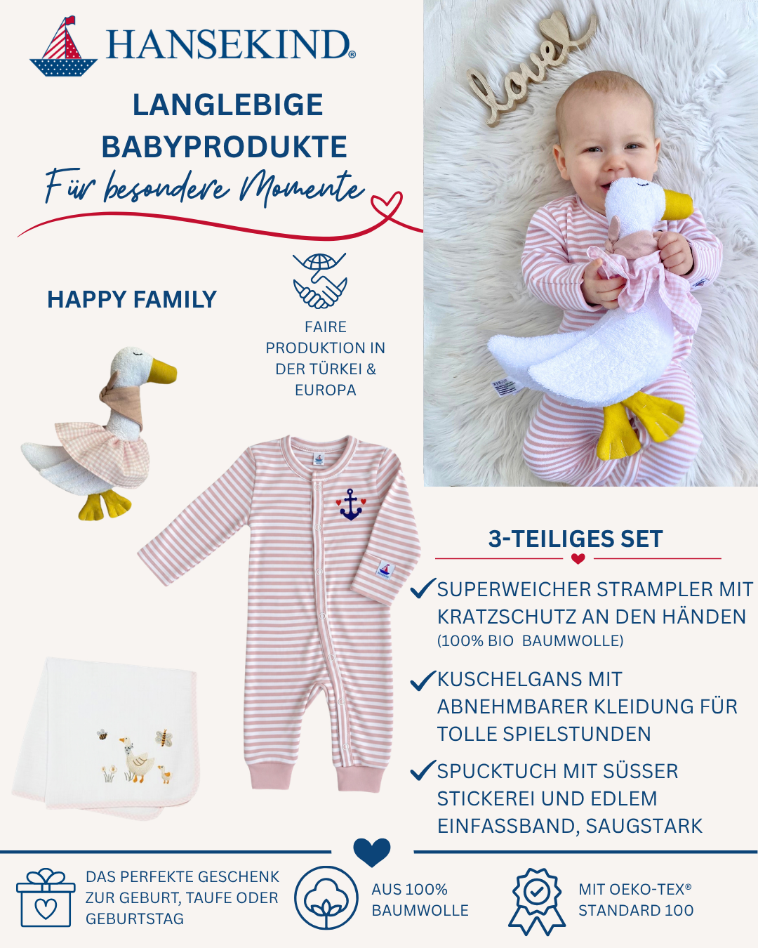 3-teiliges Set Happy Family | Geschenk zur Geburt mit Strampler, Mullwindel & Kuschelgans