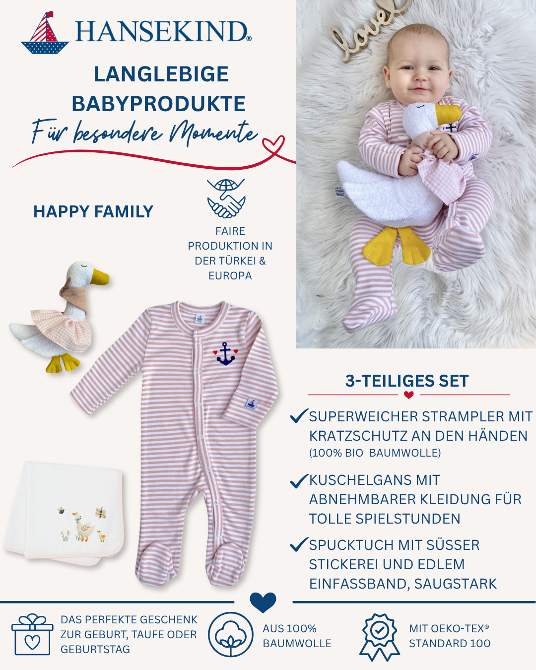 3-teiliges Set Happy Family | Geschenk zur Geburt mit Strampler, Mullwindel & Kuschelgans