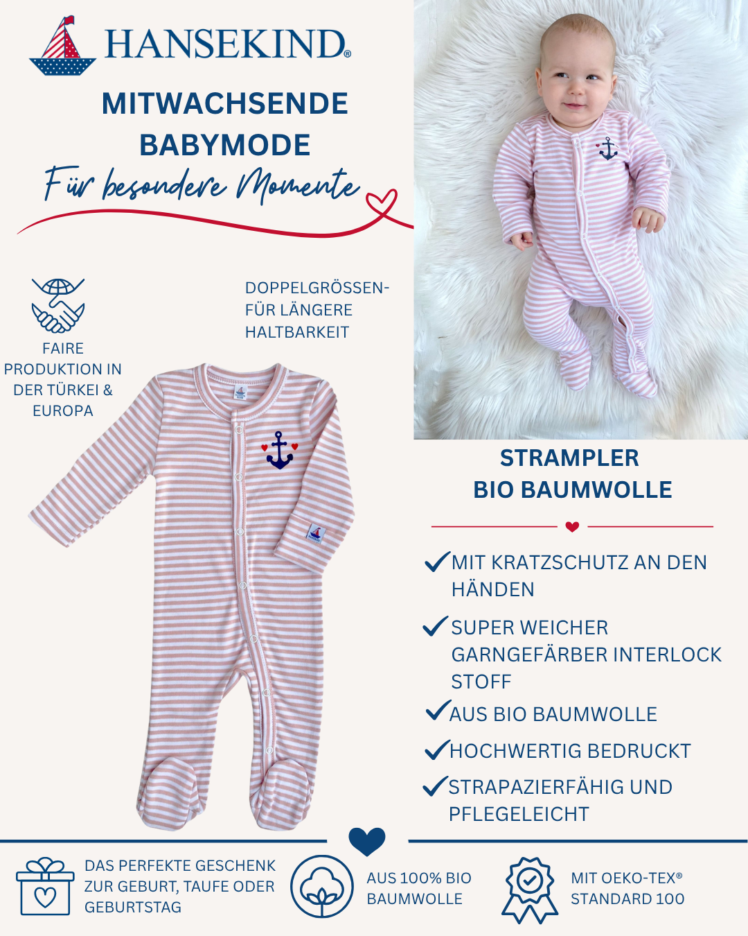 Babystrampler , altrosa-gestreift, 2 Größen