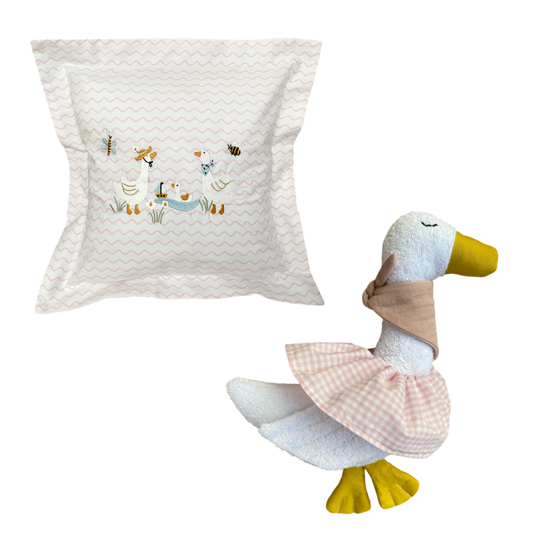 Geschenk zur Geburt Mädchen | 2-teiliges Gänse-Set mit Kuschelgans & Kinderkissen | Hansekind