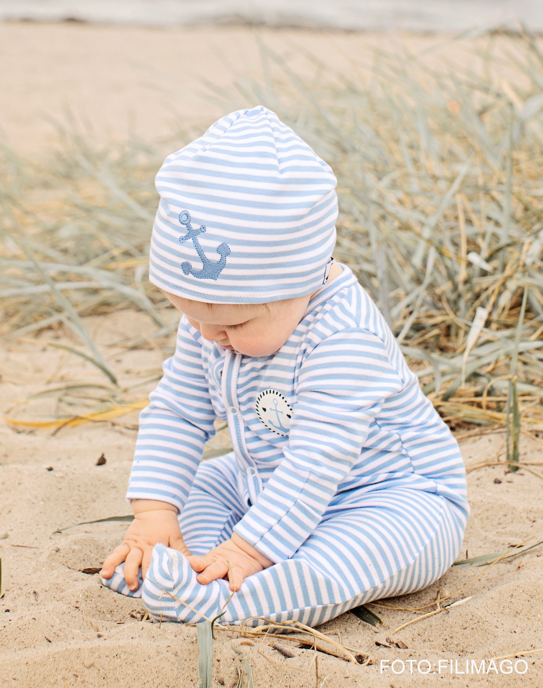 Beanie mit Anker-Applikation, hellblau-gestreift, 2 - 6 Monate